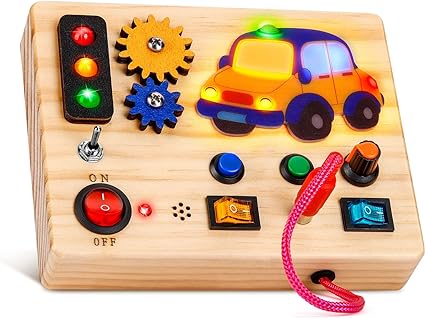 Photo 1 of Auney Montessori Busy Board with Traffic Led Lights,Wooden Sensory Toys for Toddlers 1,Baby Travel Toys with 7 Different Led Lights Sound Button,Educational Toys for 1+ Year Old Boy Car Style Gift