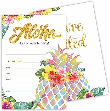 Photo 1 of YKYENR Aloha Birthday Invitations - Watercolor Pineapple Invitation - 20 Cards With Envelopes, Double-Sided Invites For Boy & Girls, Teens, Birthday Party Favor, Decorations & Supplies - 19