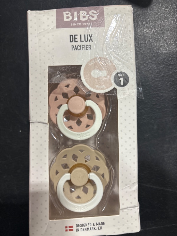 Photo 1 of BIBS De Lux Natural Rubber Size 1: 0+ Months Dummy Vanilla / Dark Oak 2 Pc