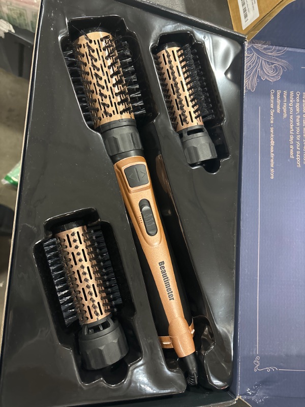 Photo 2 of Beautimeter Hair Dryer Brush, 3-in-1 Round Hot Air Spin Brush Kit for Styling and Frizz Control, Negative Ionic Blow Hair Dryer Brush Volumizer, 3 Detachable Auto-Rotating Curling Brush, Black & Gold
