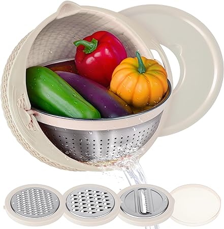 Photo 1 of 4-1 Colander with Mixing Bowl Set - Food Strainers and Colanders for Kitchen, Pasta Rice Strainer, Fruit and Veggie Wash, Rotatable Kitchen Colander Strainer Bowl (Beige)