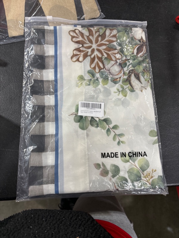 Photo 2 of ZOE GARDEN Christmas Valance Curtains for Kitchen/Living Room/Bathroom/Bedroom Window,Rod Pocket Small Topper Half Short Window Curtains Voile Sheer Scarf, Blue Snowflake Eucalyptus Plaid 54"x18"