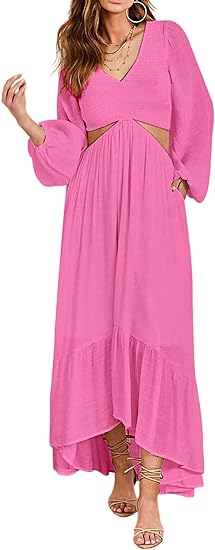 Photo 1 of [Size M] AlvaQ Women V Neck Cut Out A Line Sundress Lantern Sleeve Somcked High Waist Pleated Ruffle Flowy Long Maxi Dress
