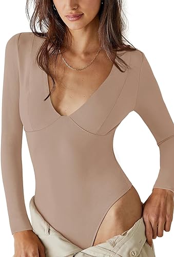 Photo 1 of [Size S] Adreamly Women's Sexy Plunge Deep V Neck Long Sleeve Double Lined Slim Fit Going Out Bodysuits Tops
