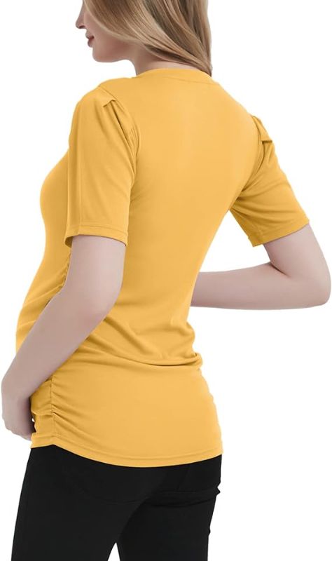 Photo 2 of [Size M] Bhome Short Sleeve Maternity Shirt Summer Pregnant Tshirts Puff Sleeves Round Neck Slim Fitted Maternity Top Large Yellow