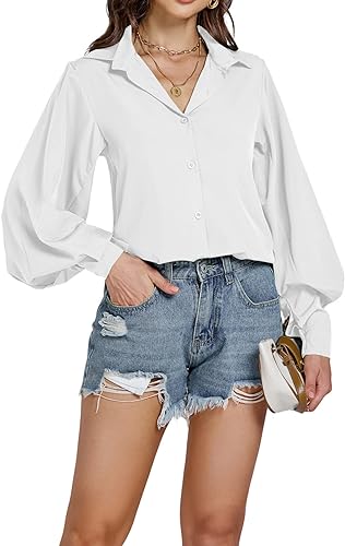 Photo 1 of [Size M] Umenlele Women's Lantern Long Sleeve V Neck Button Down Shirt Blouse Top
