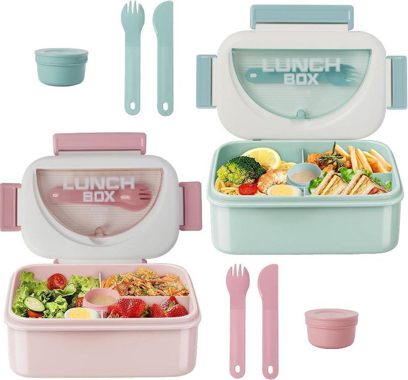 Photo 1 of 2 Set 1.5L Bento Lunch Box Kit for Adult, 4 Compartment Leak Proof Lunch Containers Snack Boxes with Fork & Spoon, BPA Free, Food Prep Storage Containers To Go for Travel Work Daycare, Green+Pink
