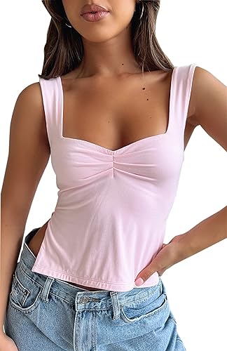 Photo 1 of [Size M] Urvicor Womens Sweetheart Neck Side Split Backless Strap Pleated Sexy Tank Crop Cute Summer Sleeveless Tee Shirts