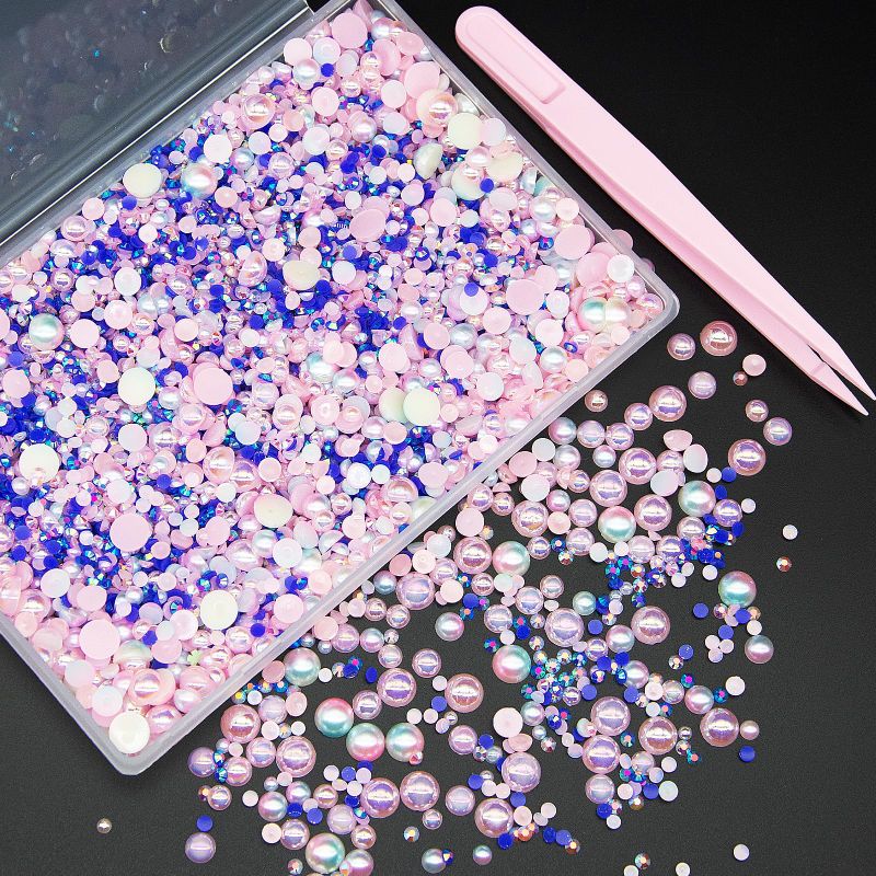 Photo 1 of 1 Box 90g 3D Mixed Pearls and Rhinestones Pink Blue Flatback Rhinestones and Pearls 3mm-8mm Mixed Sizes Half Pearls and Rhinestones for Nails Face Art Crafts Tumblers Shoes