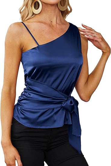 Photo 2 of [Size L] Vrtige Women's Satin Silky One Shoulder Tie Waist Sleeveless Cami Tank Top Blouse
