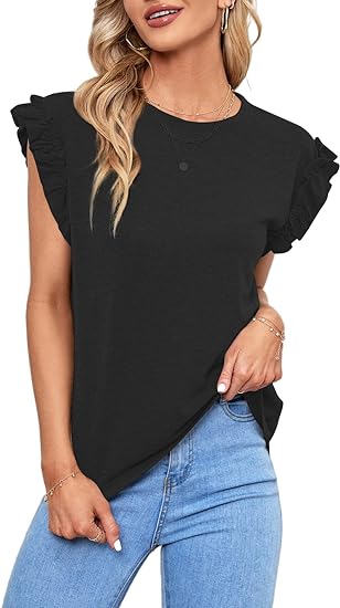 Photo 1 of [Size M] LYANER Women's Casual Round Neck Layered Ruffle Frill Trim Butterfly Sleeve Tee T Shirt Top