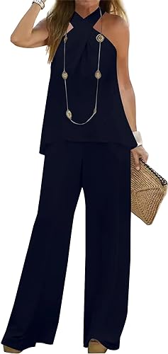 Photo 1 of [Size M] LYANER Women's 2 Piece Outfits Wrap Criss Cross Halter Backless Sleeveless Top and High Waist Wide Leg Long Pants Sets- Navy