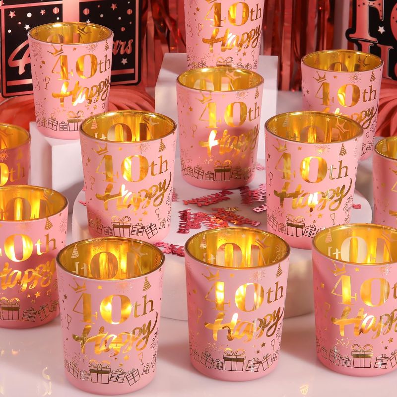 Photo 1 of 12pcs Pink Votive Candles Holders Happy 40th Birthday, Tea Lights Candle Holder Happy Birthday Lights Kit for 40th Birthday Party 40th Anniversary Decorations (Frosted Pink,12)
