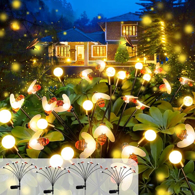 Photo 1 of 4 Pack 32 Led Solar Garden Lights, Solar Bee Firefly Lights With 2 Lighting Mode, IP65 Waterproof Swaying Lights With Highly Flexible Wires, Firefly Lights Solar Outdoor For Yard Pathway Decoration