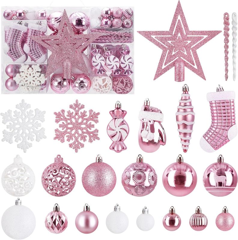 Photo 1 of 128 Pcs Christmas Ball Ornament Set, SOLEDI Assorted Christmas Ornaments, Shatterproof Decorative Baubles for Xmas Tree Decor, Gift Package with Reusable Hand for Christmas Decorations, Pink
