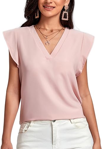 Photo 1 of [Size XL] LYANER Women's Casual V Neck Ruffle Trim Short Sleeve Work Blouse Cap Sleeve Shirt Top
