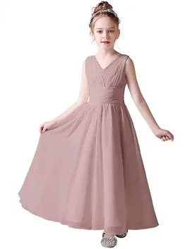 Photo 1 of [Size 9-10 Years] Junior Bridesmaid Dresses - Long Dress for Girls - Wedding Long Chiffon Dress for Kids Pageant Princess Birthday A Line Holiday Flowy Dance Prom Casual Evening Gown Dusty Pink & Wrap 