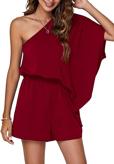 Photo 1 of [Size M] Umenlele Women's One Shoulder Cut Out Cap Batwing Sleeve Blouse Short Pants Romper Jumpsuit
