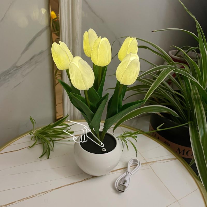Photo 1 of YUNBIAOSEN White Tulip Lamp LED Artificial Flowers Touch Small Night Light Atmosphere Light for Gifts Flowers Arrangement Home Decor House Decorations - Rechargeable (White)
