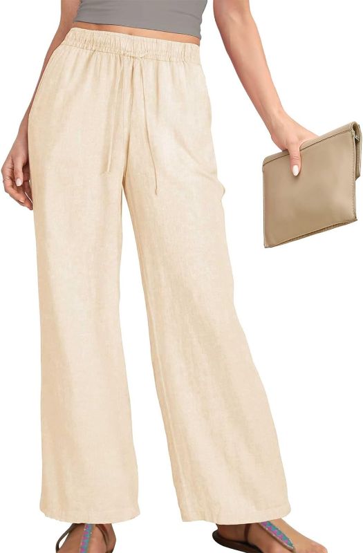 Photo 1 of [Size S] MaLinfandor Women's Casual Palazzo Pants Elastic Drawstring High Waist Wide Leg Loose Fit Pull On Pant Trousers with Pockets(Apricot,S)