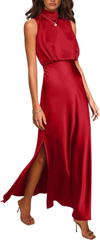 Photo 1 of [Size S] BTFBM Women Sleeveless Mock Neck Cocktail Dresses Keyhole Elastic Waist Party Wedding Guest Satin High Split Maxi Dress Solid - Solid Red