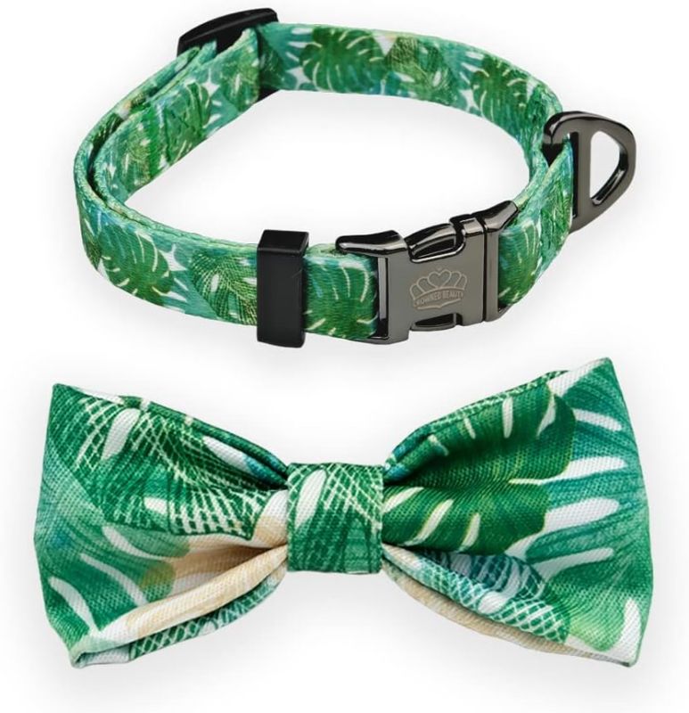 Photo 1 of [Size S] CROWNED BEAUTY Small Adjustable Dog Cat Collar for Boy Girl with Detachable Bow Tie, Green Turtleback Leaves Design (Tropical Turtle) CC12-S
