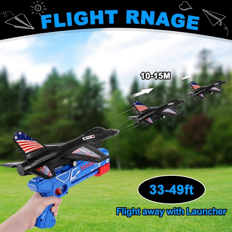 Photo 1 of 2 Pack Airplane Launcher Toy, 13.3" Jet F-16 Fighting Falcon, Catapult Plane Game Boy Toys for Kids Outdoor Flying Toys Birthday Gifts for 4 5 6 7 8 9 10 12 Year Old Boys Girls Black+white