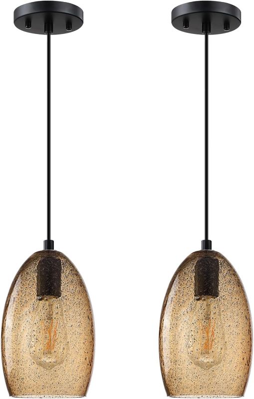 Photo 1 of 2 Pack 1 Light Hanging Indoor Kitchen Island 5.3" Black Seeded Ancient Amber Glass Pendant Ceiling Light Fixture,Black Finish Modern Farmhouse Dinning Over Sink
