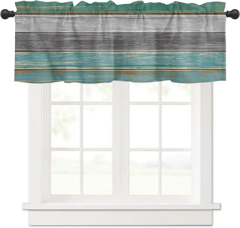 Photo 1 of 2 PACK Valance Curtains Vintage Farm Wood Grain Green and Gray Gradient Window Valance for Living Room Bathroom Bedroom, Light Filtering Short Kitchen Valance Rod Pocket Window Decor Curtain 54"x18"
