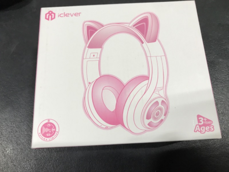 Photo 2 of iClever Cat Ear Kids Bluetooth Headphones,LED Light Up On Ear Kids Wireless Headphones with Mic,74/85/94dB Volume Limited,50H Playtime,Bluetooth 5.2,Pink Headphones for iPad/Tablet/PC/Travel,BTH13