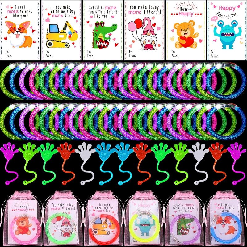 Photo 1 of Chitidr 48 Pack Valentine's Day Gift Cards with Neon Glow Stick Bracelets Stretchy Sticky Hands Toys Gift Bags for Boys Girls, Valentine's Day Party Favors Supplies Classroom Exchange School Prizes 