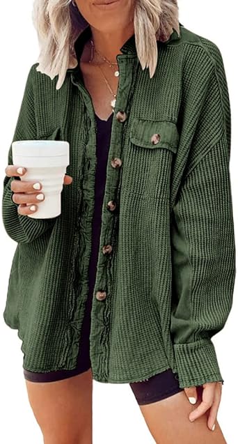 Photo 1 of (L) utcoco Women's Casual Waffle Knit Shacket Jacket Loose Fit Long Sleeve 