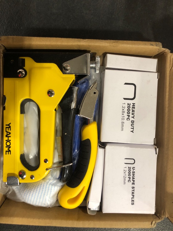 Photo 1 of Upholstery 4 in 1 Staple Gun Heavy Duty, with 6000 Staples, Remover, Gloves, Manual Brad Nailer Power Adjustment Stapler Gun for Wood, Upholstery, Carpentry, Decoration DIY Staple Gun