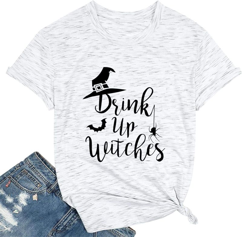 Photo 1 of Drink UP Witches Shirts Women Halloween Doodles Shirts Vintage Graphic Halloween Party Tees Short Sleeve Fall Season Tops XL