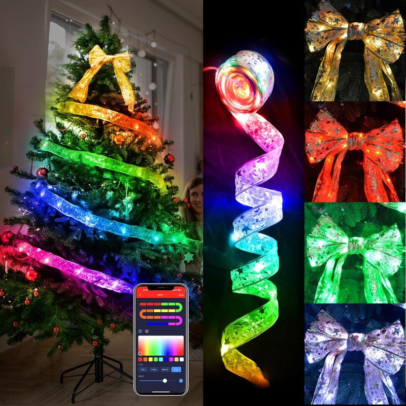 Photo 1 of ARCCI Christmas Tree Gold Ribbon Garland String Lights, 32.8ft 50 Smart Fairy LED Lights Xmas Wired Ribbon, DIY Modes App & Remote Control, Indoor Christmas Tree Lighted Ribbon Decorations Ornaments