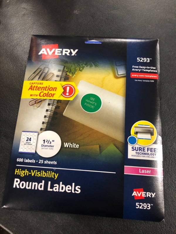 Photo 2 of Avery High Visibility Printable Round Labels with Sure Feed, 1-2/3" Diameter, White, 600 Customizable Blank Labels (5293)
