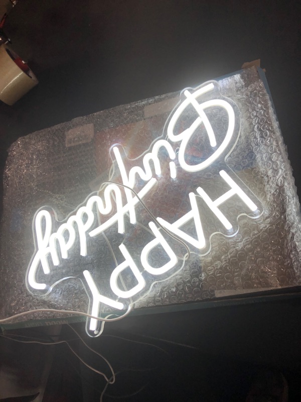 Photo 2 of Led Happy Birthday Neon Sign Dimmable Happy Birthday Sign White Neon Happy Birthday Sign Happy Birthday Led Sign Art Wall Lights for Home Birthday Party Gifts Decor 16.5in