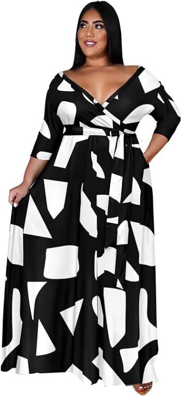 Photo 1 of (4X) Runwind Plus Size Dresses for Women Gradient Maxi Dress Flowy 3/4 Sleeve with Belt X-Large Stripped Black and White