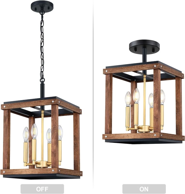 Photo 1 of 2 Pack 4 Light Adjustable Chain Gold Painted Beech Wood Semi Flush Mount Chandelier Light Fixtures Black Finish,Rustic Hanging Pendant Chandeliers for Foyer Dining Room Kitchen Island Hallway