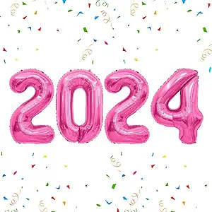 Photo 1 of 2024 Number Balloons 40 Inch, Big Foil Mylar Pink Balloons for 2024 New Years Eve Party Supplies Festival Anniversary Graduation Birthday Decorations