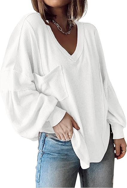 Photo 1 of  BTFBM Women's Casual V Neck Ribbed Knitted Shirts Pullover Tunic Tops Loose Balloon Sleeve Solid Color Blouses Top
