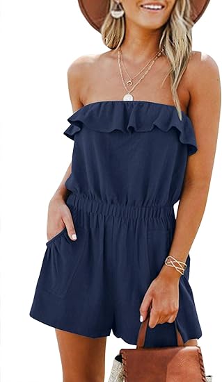 Photo 1 of LEANI Women’s Summer Off Shoulder Ruffle Rompers Strapless Elastic Waist Short Jumpsuit
