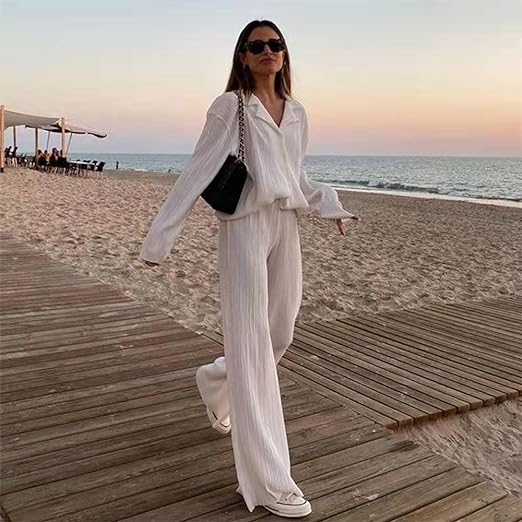 Photo 1 of 

































































NUFIWI Women Pleated 2 Piece Pants Outfits Casual Loose Button Shirt Blouse Top Long Wide Leg Palazzo Pants Set Jumpsuit
