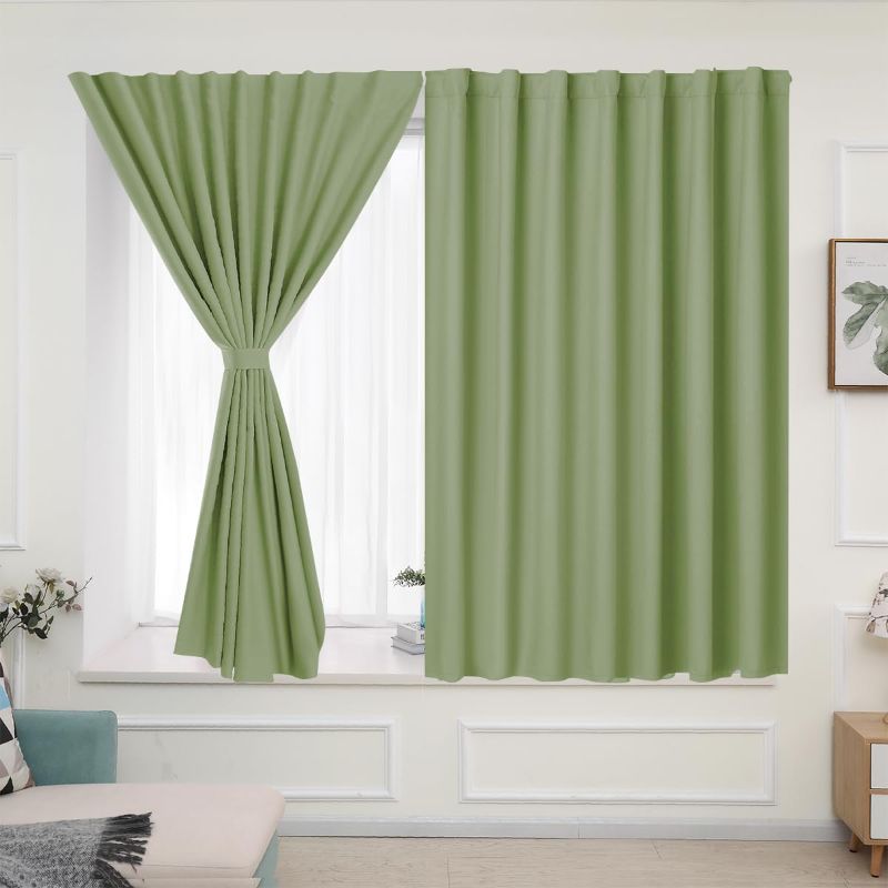 Photo 1 of  Muamar 2pcs Self Adhesive Small Blackout Curtains with Tiebacks,Portable Curtains for Kitchen Window,Cabinet Curtains Rental Curtains for Privacy Protect Sage Green 34" W X 36" L
