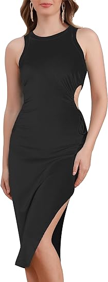 Photo 1 of Aphratti Womens Bodycon Ribbed Slit Side Cut Out Tank Dress 2023 Sexy Summer Casual Sleeveless Crew Neck Midi Sun Dress
