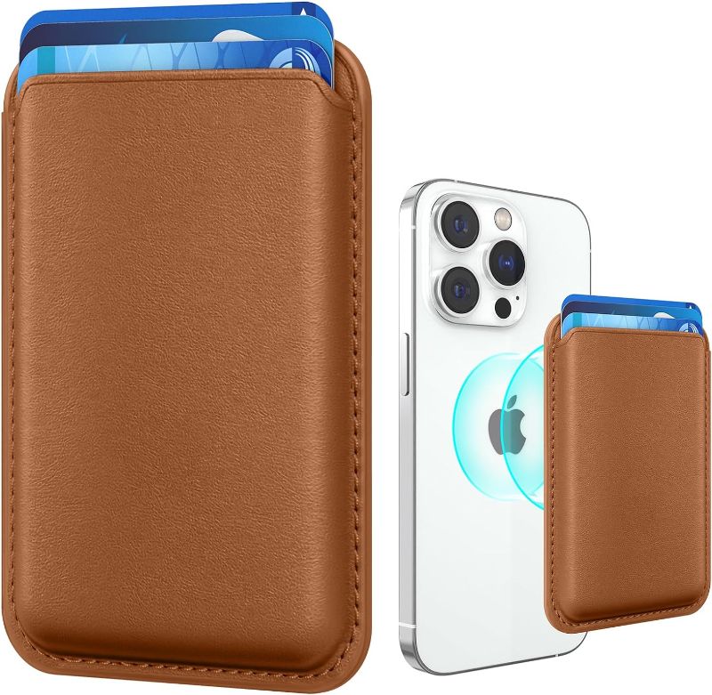 Photo 1 of Amzone Magnetic RFID Cell Phone Cards Sleeves Leather Cell Phone Card Holder for iPhone 15 Series, MagSafe Phone Wallet Stick on Series of iPhone 14/13/12 Pro/Promax and Magsafe Devices, Brown
