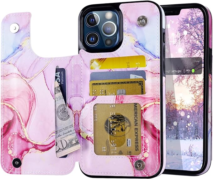 Photo 1 of Yiyahu for iPhone 13 Pro Max Wallet Case with Card Holders Cute, iPhone 13 Pro Max Flip Folio Cover, PU Leather Kickstand Shockproof Phone Case for iPhone 13 Pro Max 6.7''(2021), Pink Marble