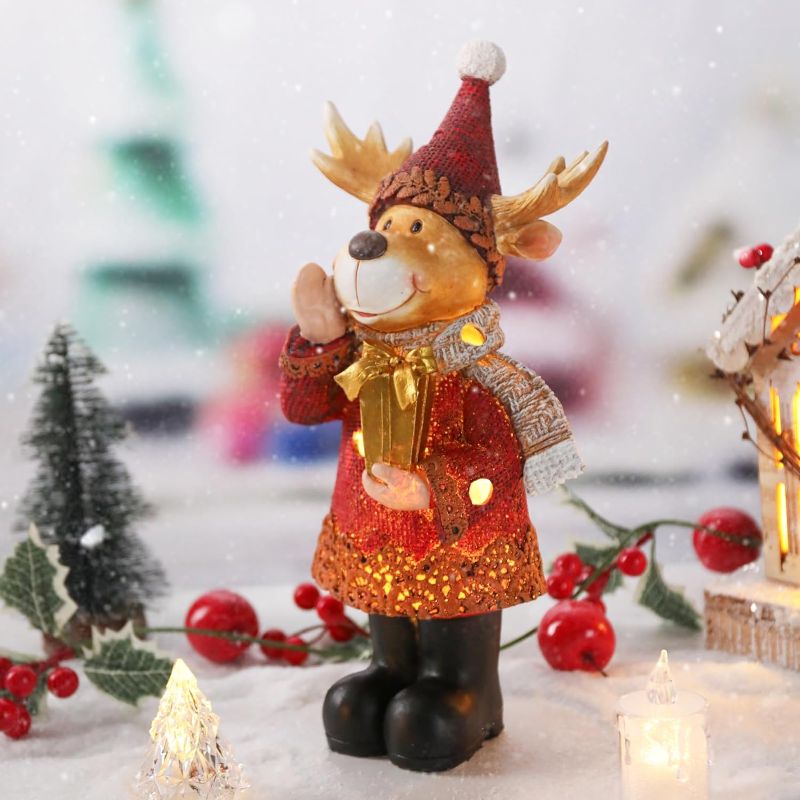 Photo 1 of 11.8 Inch Christmas Moose Holding Gift Decor, Moose Figurines Hand-Painted Resin Table Top Moose Statues with LED Lights for Centerpiece,Red