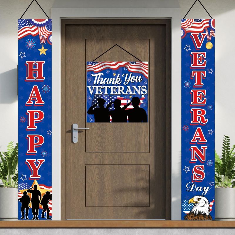 Photo 1 of 3 Pcs Veterans Day Decorations Banner, Happy Veterans Day Banner Porch Sign Hanging Banner Flag for Home Wall Indoor Outdoor Veterans Day Banner happy Veterans Day Front Door Sign Hanging Decors
