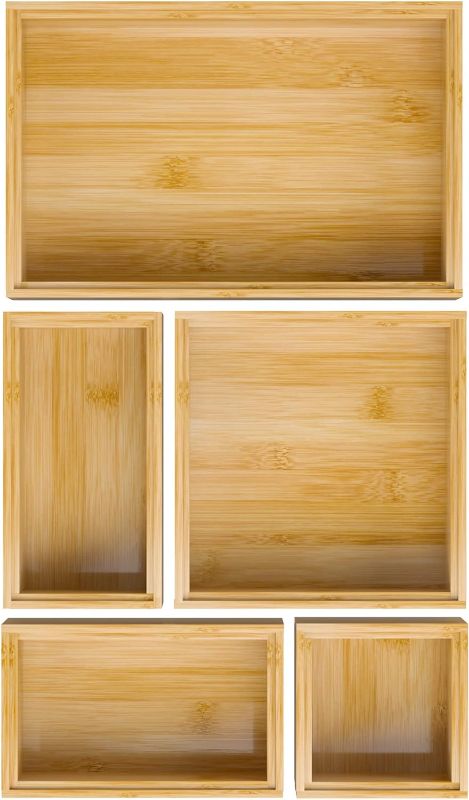 Photo 1 of 
Bamboo Bathroom Drawer Organizer Dividers, Wooden Kitchen Utensil Holder Set of 5, Stackable Junk Drawer Organizer Tray, Multi-Use Storage Bins Boxs for...